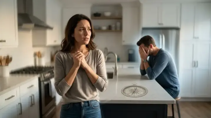 Editorial portrait of a bewildered woman in a real kitchen, a conceptual compass subtly embossed on the counter, symbolizing the loss of a true moral north due to the disorienting DARVO manipulation tactic.