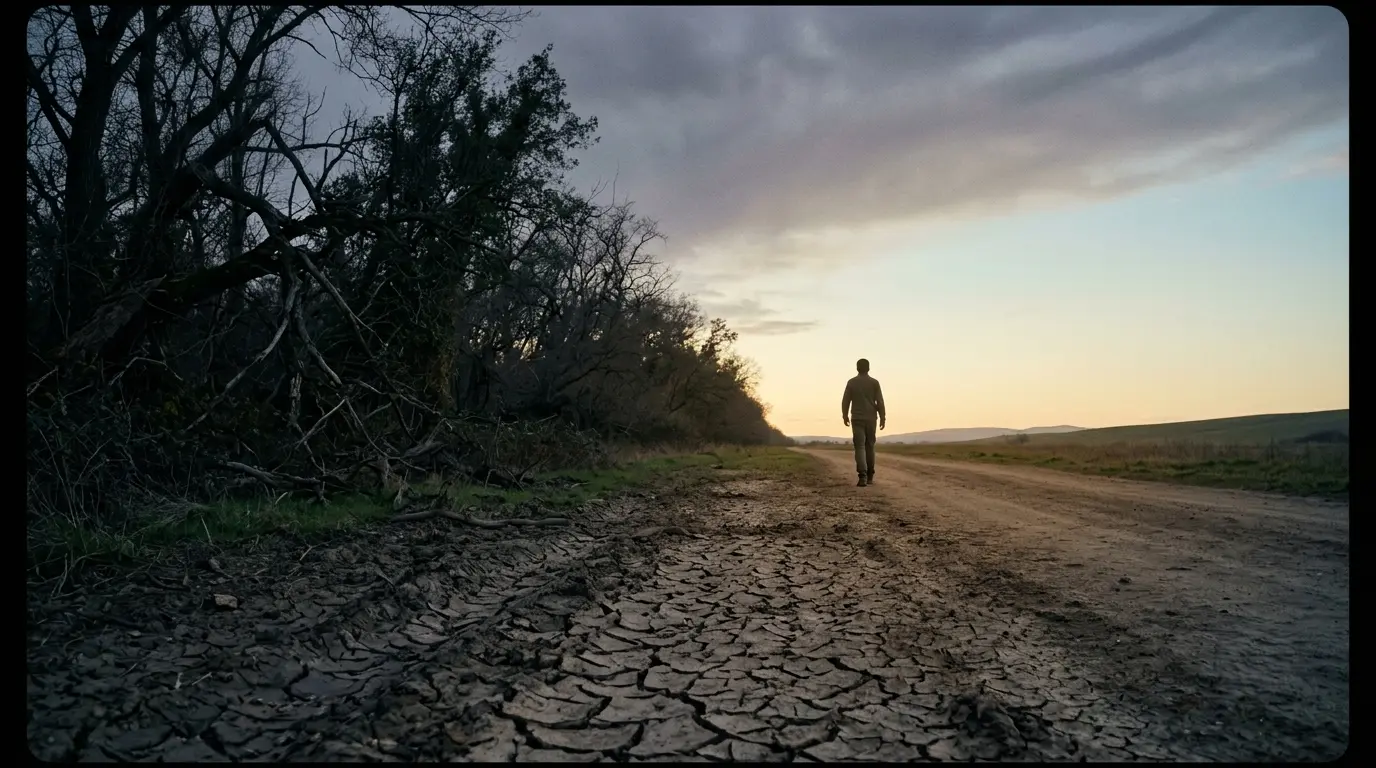 A figure walks away from a dark, tangled tree line toward an open horizon. The ground under their feet transitions from cracked earth to solid path. The sky shifts from overcast to clear