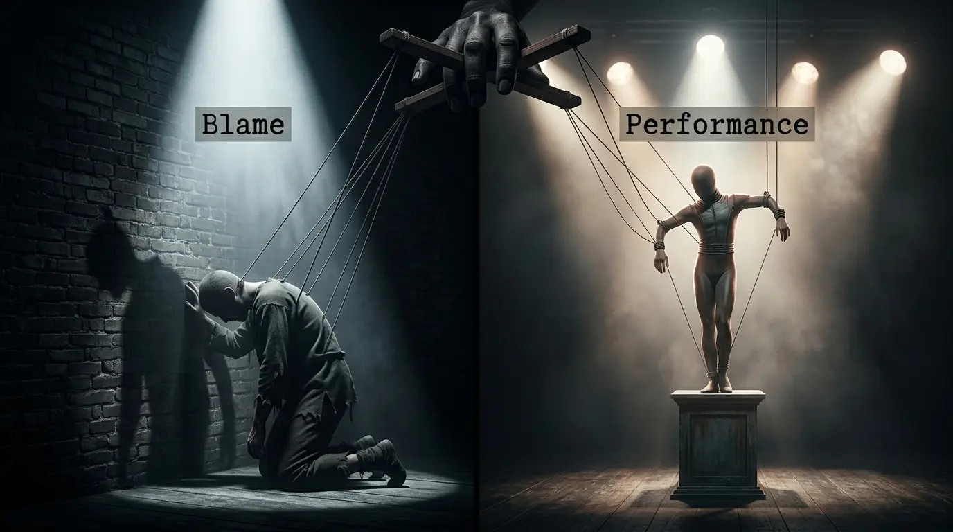 A split image: on one side, a figure bowed under a spotlight labeled "Blame," on the other side, a figure on a pedestal labeled "Performance." Both figures are held by strings from above, connected to the same puppeteer hand