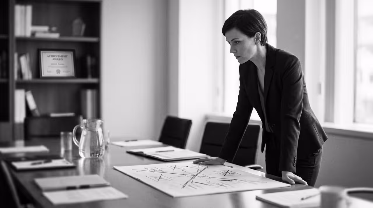 A corporate woman standing over a boardroom table with a conflicted expression, illustrating identity instability and over-functioning traits in adult family scapegoats.