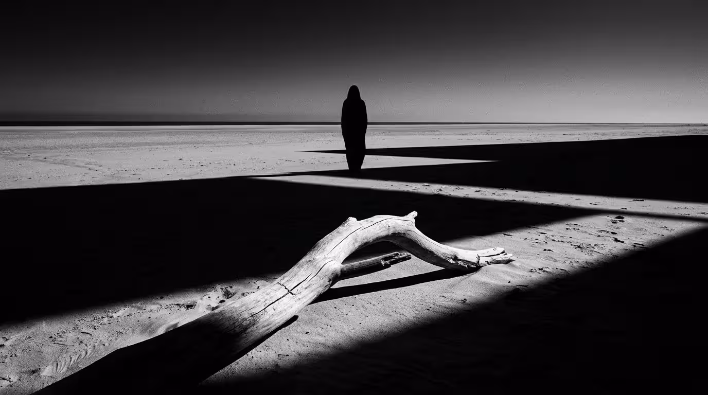 Monochrome illustration of a solitary figure standing on a deserted shore, representing the emotional distance and push-pull cycle in an avoidant narcissist relationship