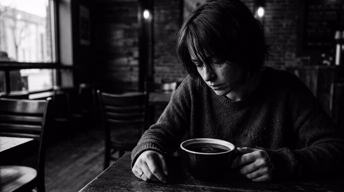 Dramatic black and white portrait of a person gazing into a reflective coffee cup, illustrating self-doubt and loss of identity in a toxic relationship.