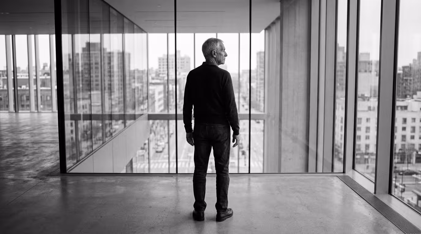 An older man looking thoughtfully out a high-rise window at an urban landscape, representing the heightened perception and system-reading capabilities developed by Scapegoat Characteristics in Adulthood