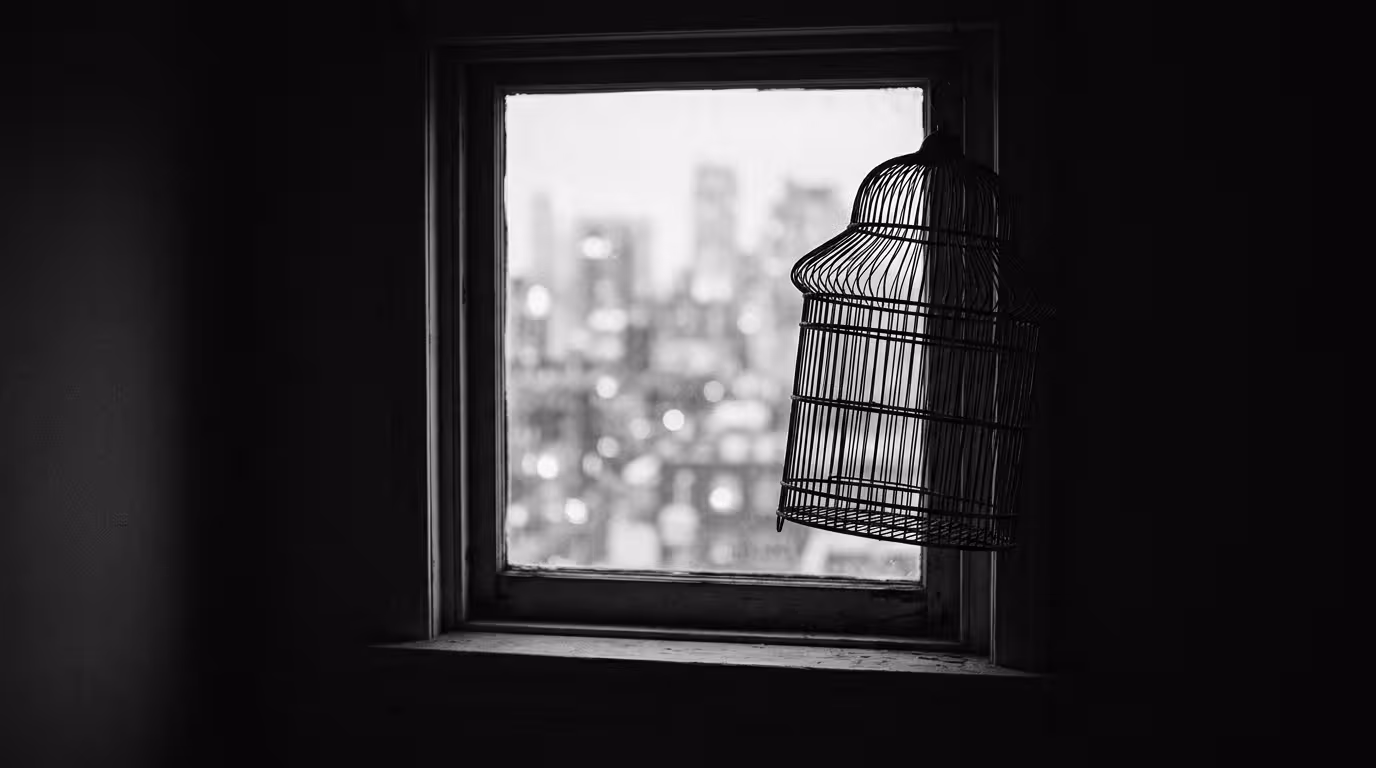 High contrast monochrome shot of a birdcage near a window, visualizing emotional manipulation, gaslighting, and silence used as control.