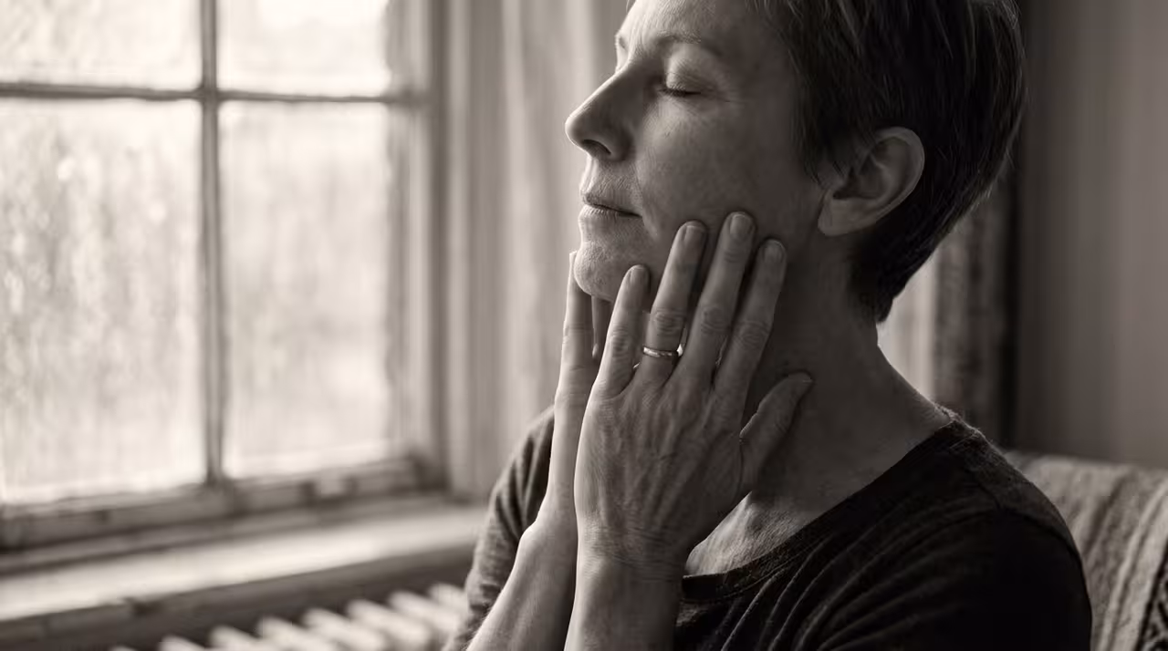 Close-up profile of a woman resting her hand on her relaxed jaw with soft window light, showing somatic tension release and nervous system regulation after scapegoat trauma.