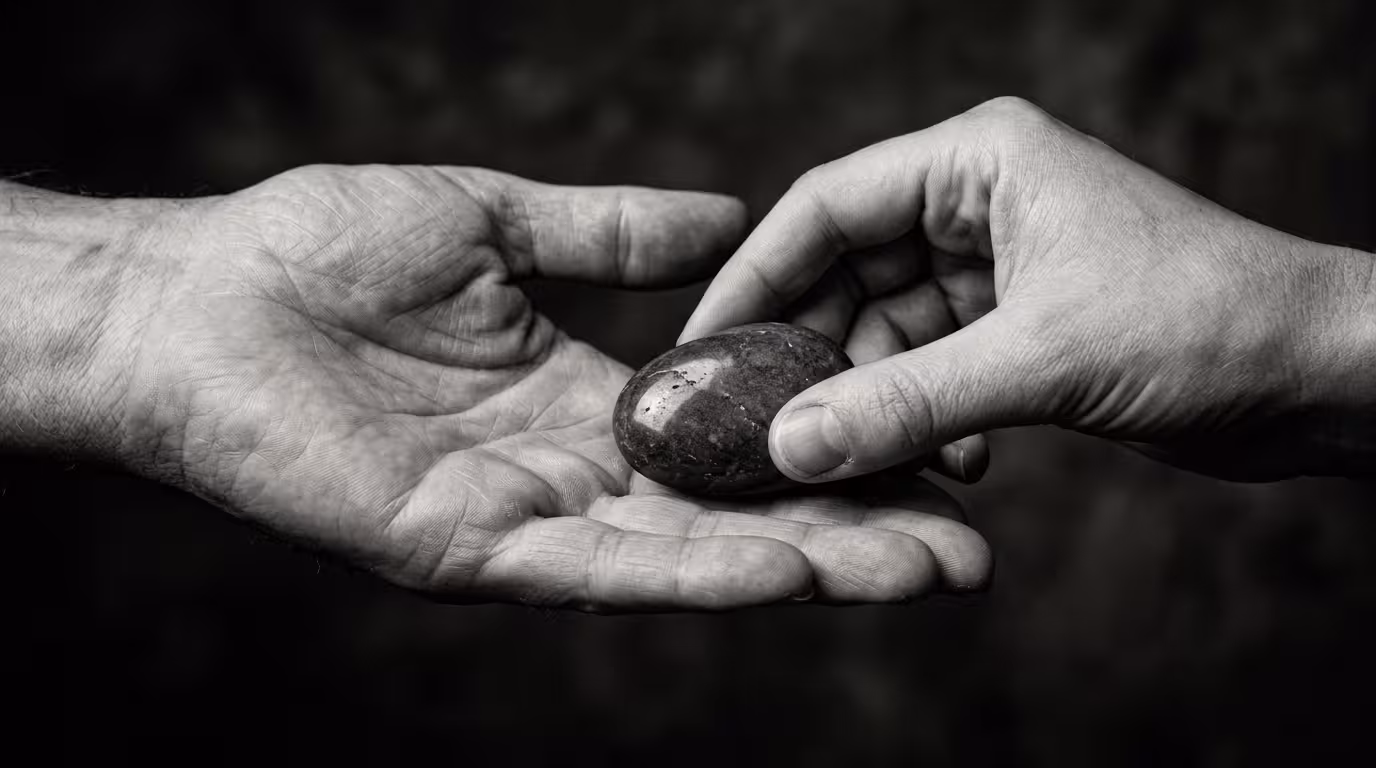 Black and white image of two hands exchanging a cold stone, symbolizing conditional love and transactional affection from an avoidant partner.
