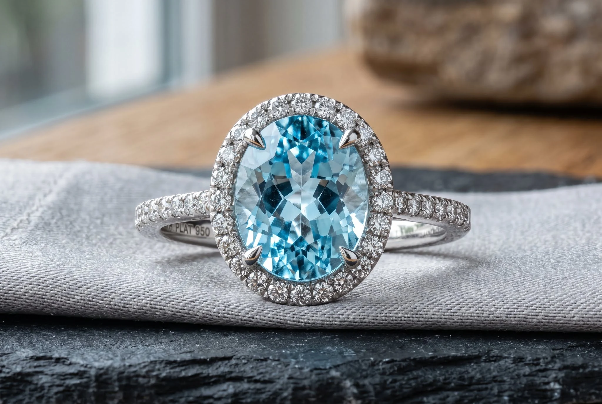 Platinum ring featuring an oval light blue gemstone surrounded by a halo of small diamonds and a diamond band
