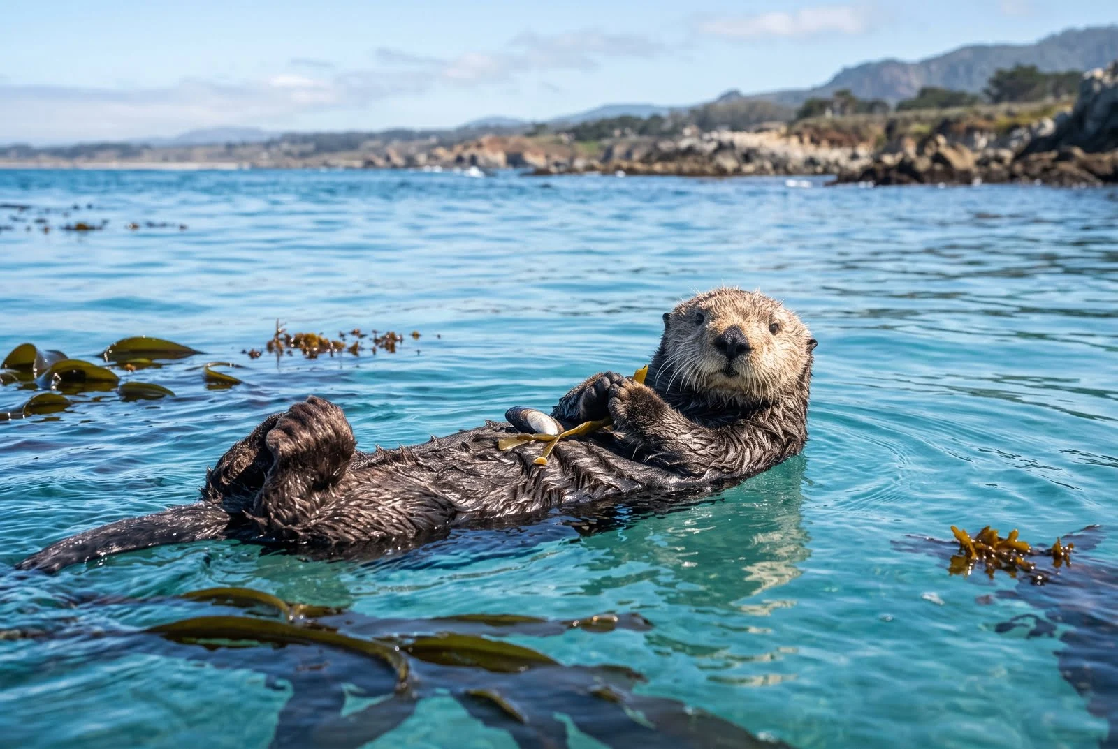A sea otter floating on its back in clear ocean water while holding a shellfish on its stomach