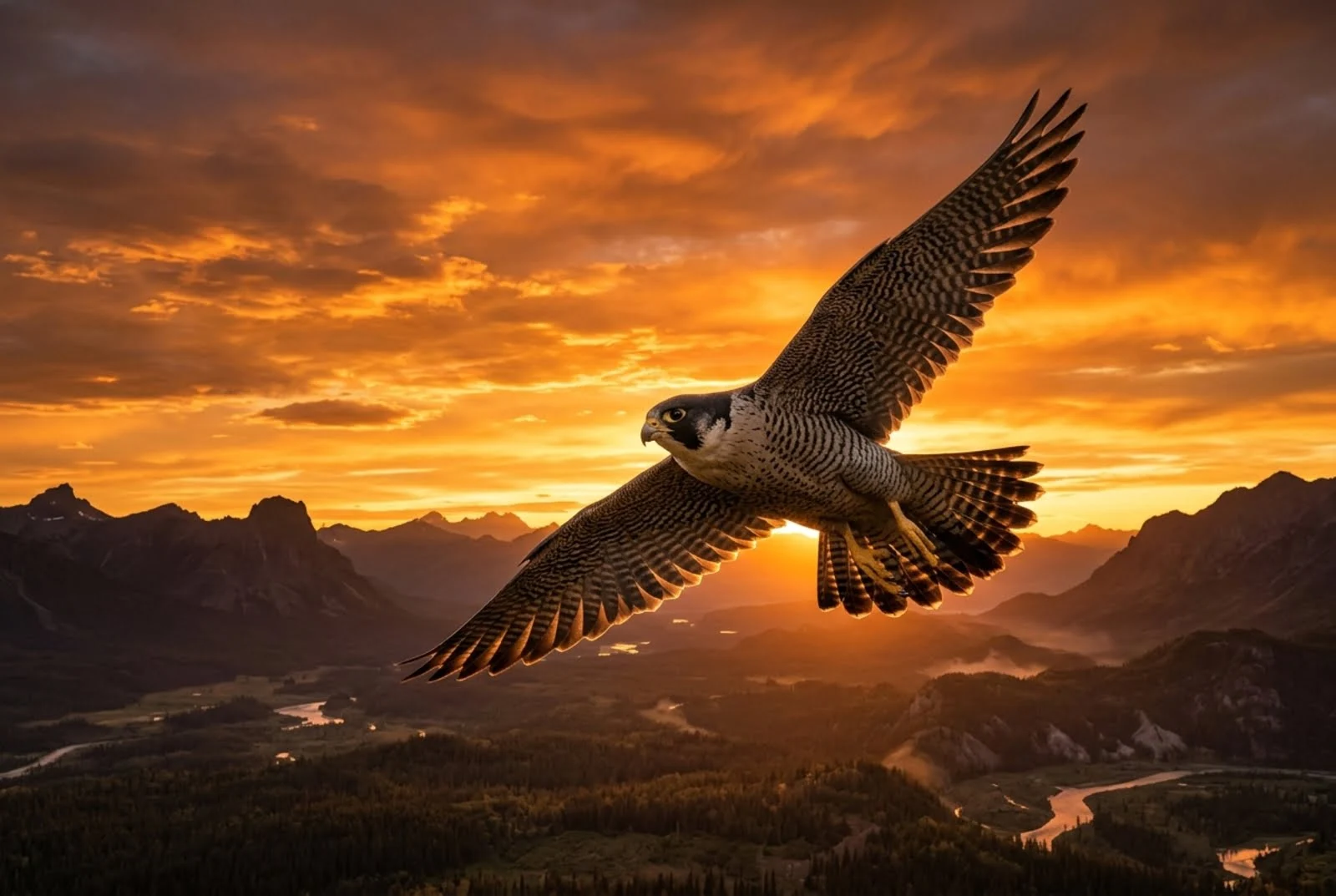 A peregrine falcon mid-flight soaring across a golden sunset sky.