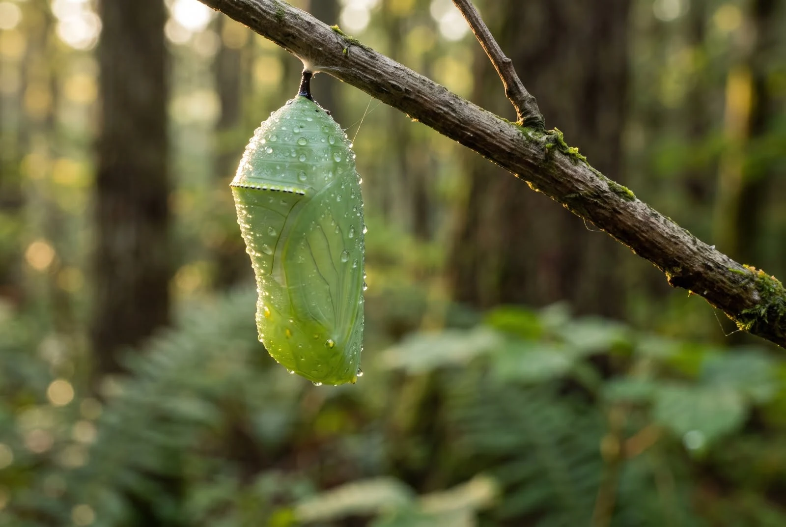 A close-up of a jade-green chrysalis hanging from a woody branch, showing tiny gold specks in quiet morning light.