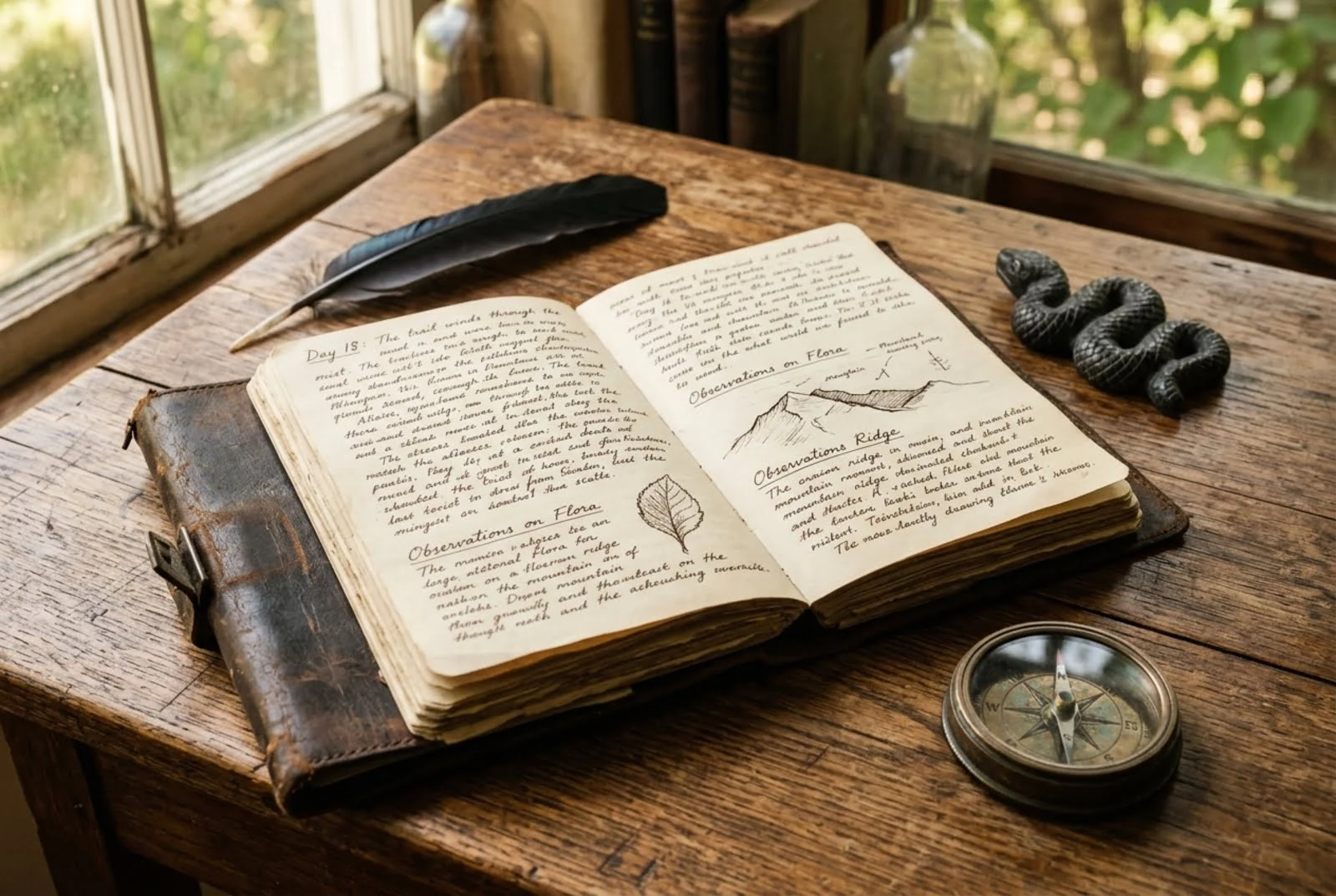 A leather-bound astrology journal resting on a wooden table next to feathers and small stone animal carvings.