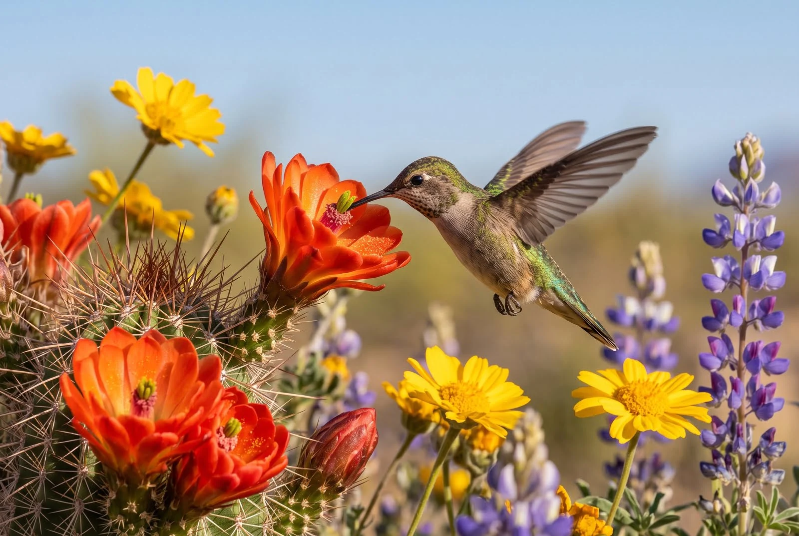 Hummingbird gathering nectar and pollen among colorful desert wildflowers in bright morning sunlight