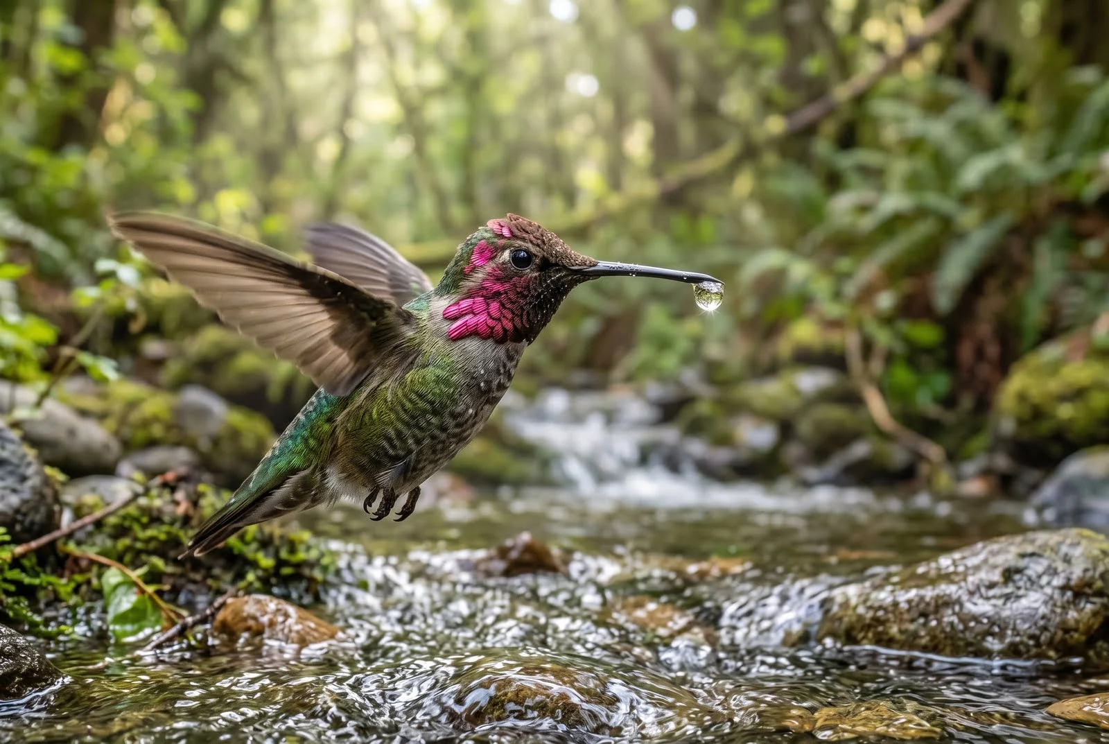 Extreme close-up of a hummingbird holding a single glistening water drop on its beak near a stream