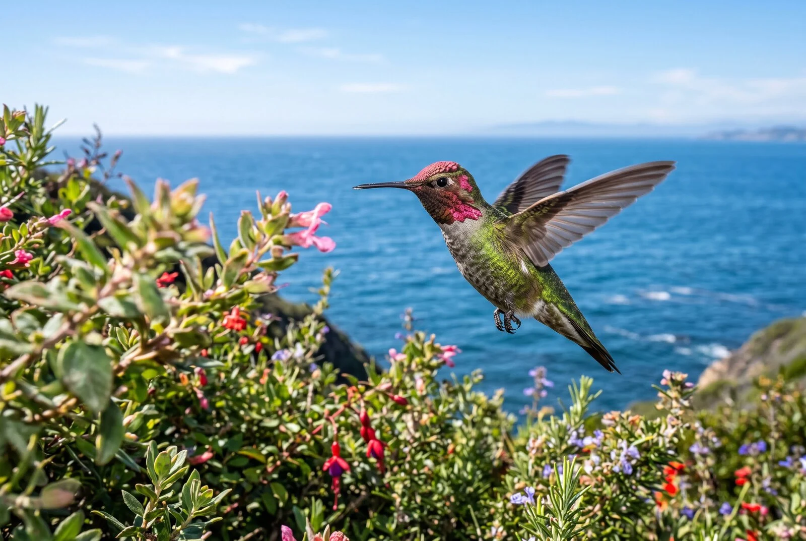Hummingbird in dynamic mid-air flight over coastal green foliage with open ocean in the background