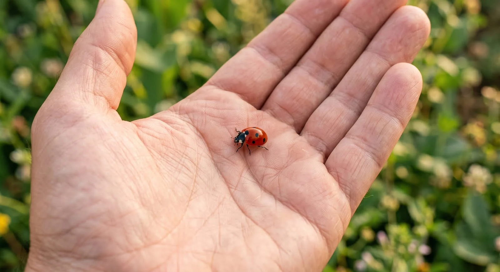 A small ladybug resting on an open human hand, symbolizing good fortune and love.