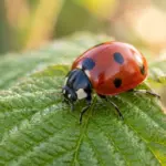 ladybug meaning A vivid red ladybug resting on a green leaf with soft sunlight highlighting its spots.