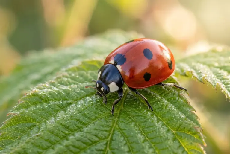 ladybug meaning A vivid red ladybug resting on a green leaf with soft sunlight highlighting its spots.