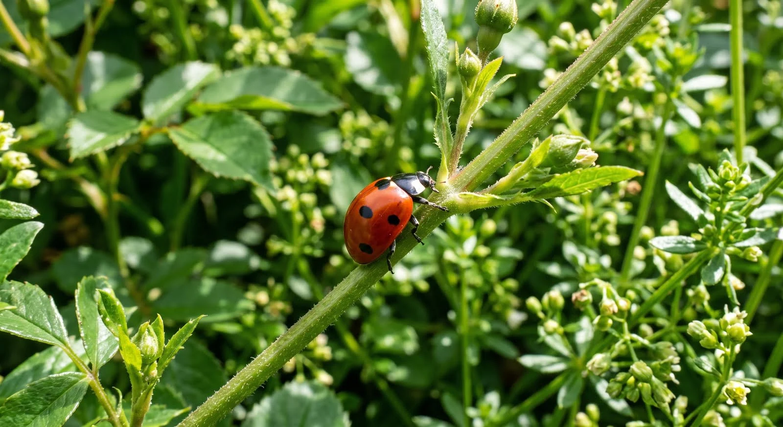 A ladybug protecting garden crops by crawling along a stem in a sunlit vegetable garden.