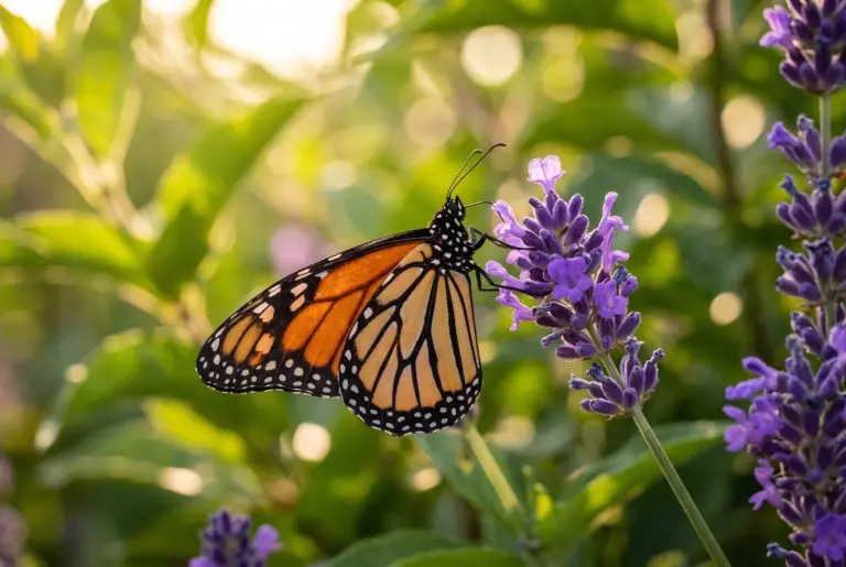 A monarch butterfly resting on a wildflower in soft warm sunlight, symbolizing rebirth and transformation.