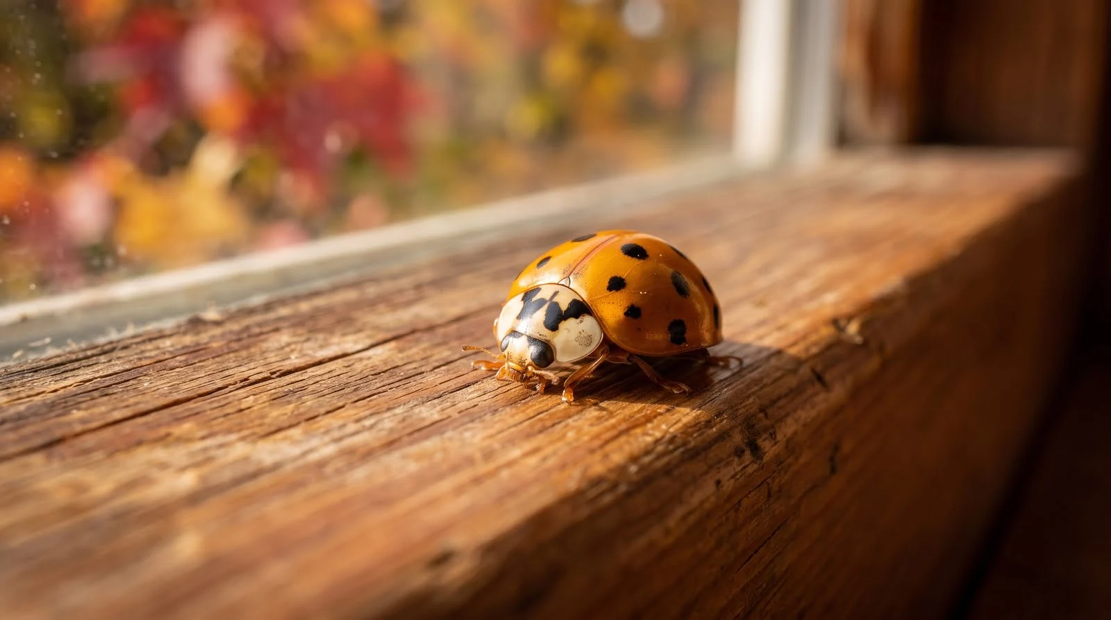 An orange Asian lady beetle sitting on a wooden surface, showing its distinct color and markings.