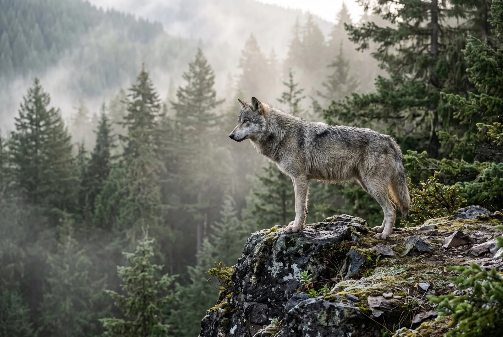 A grey wolf standing in a quiet, misty morning forest.