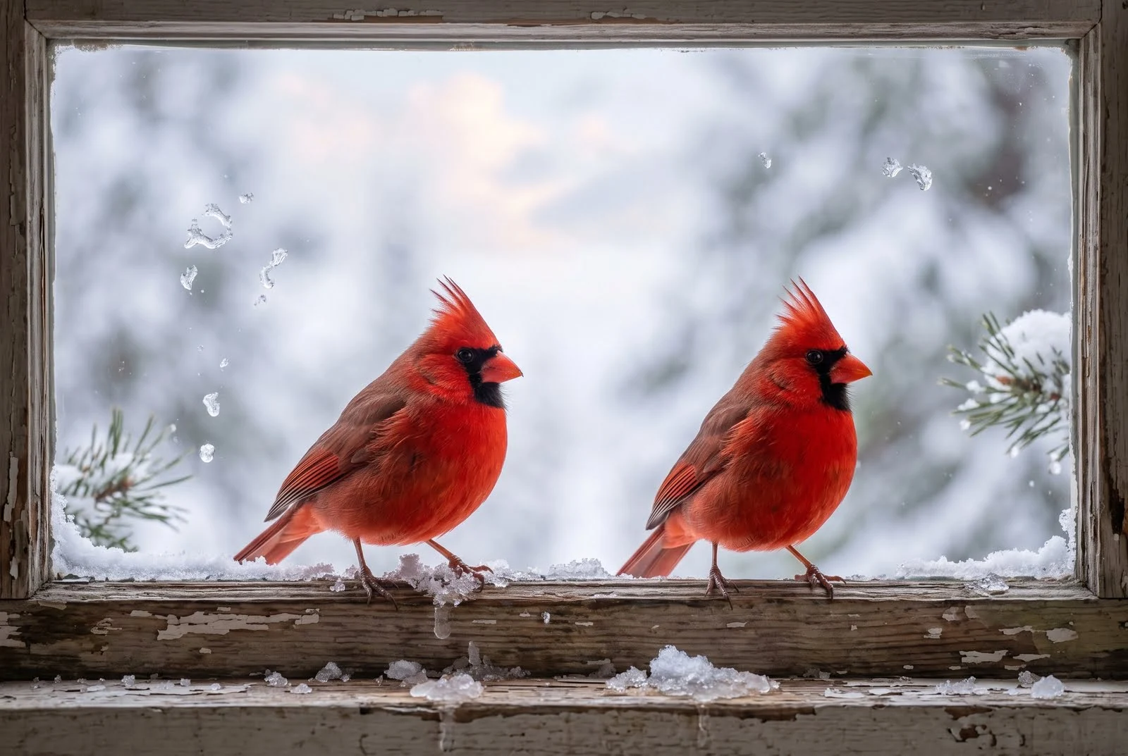 ttwo red cardinals sitting on a window seal