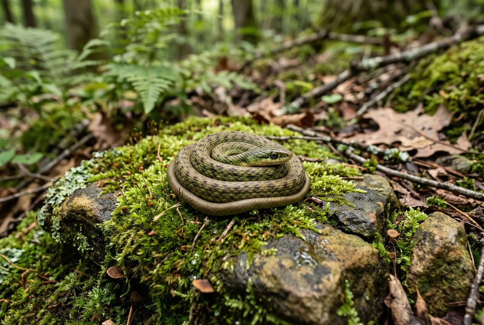 A garter snake resting peacefully on mossy rocks in a sunlit forest. spirit animal by zodiac sign