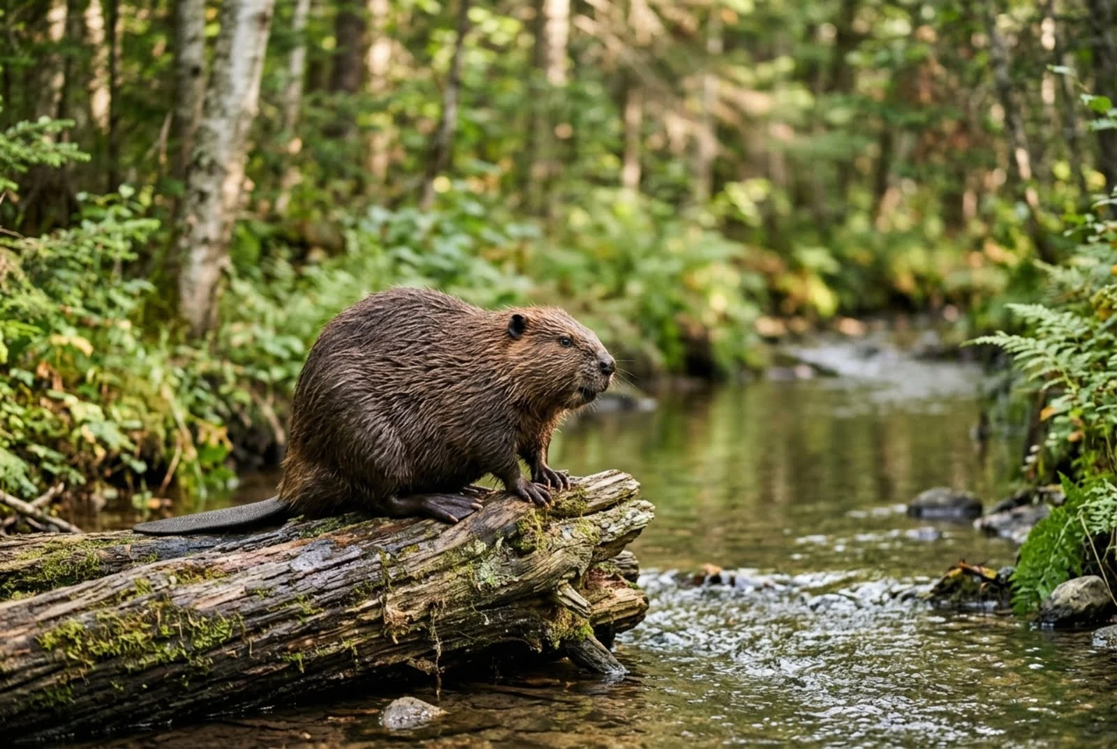 A brown beaver sitting on a wooden log near a calm forest stream.
