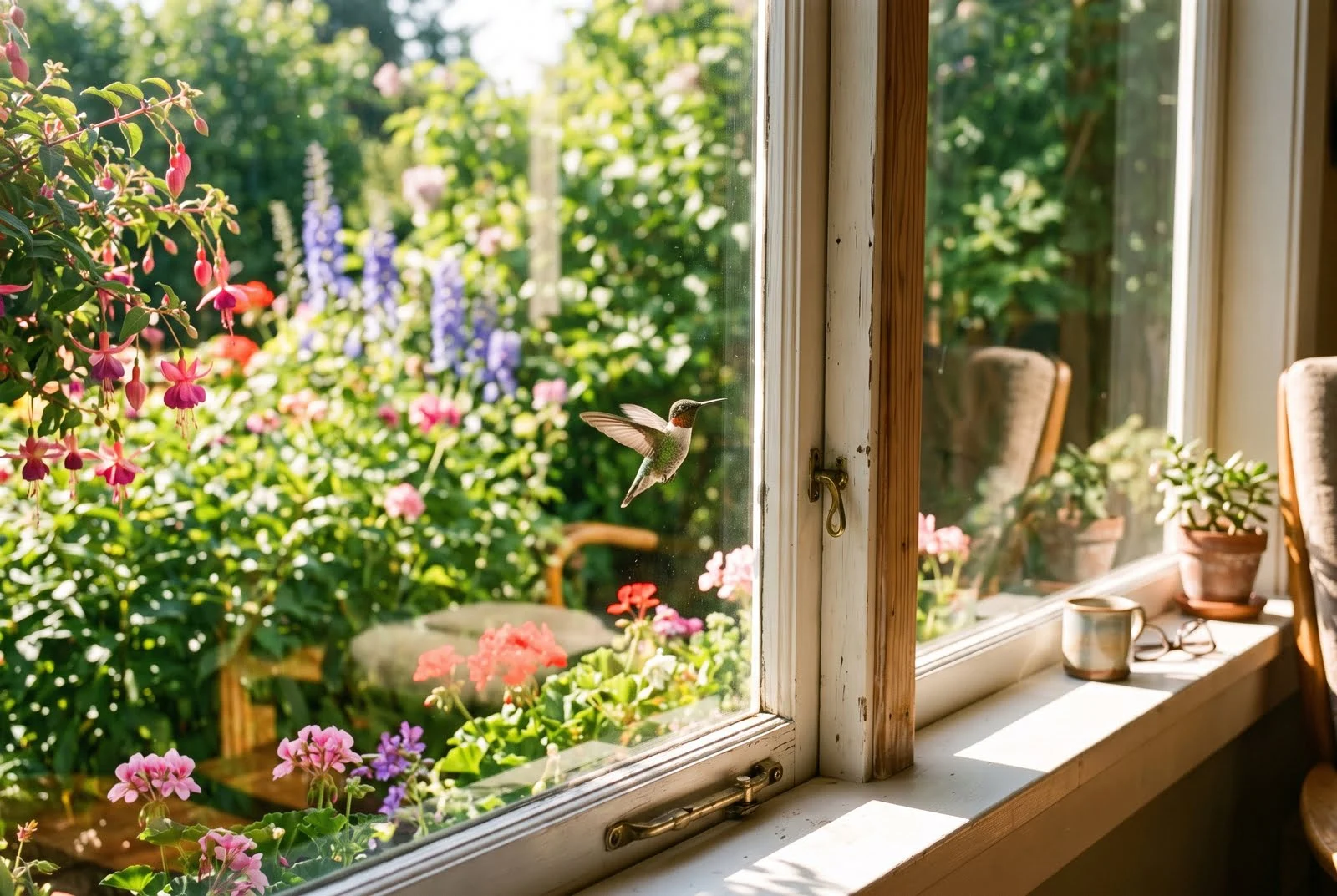 Tiny hummingbird hovering close to a sunlit house window near a lush garden showing the hummingbird meaning.