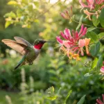 Ruby-throated hummingbird hovering in mid-air near pink honeysuckle blossoms in a garden