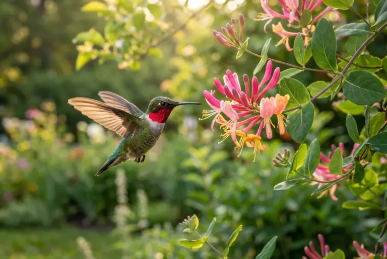 Ruby-throated hummingbird hovering in mid-air near pink honeysuckle blossoms in a garden