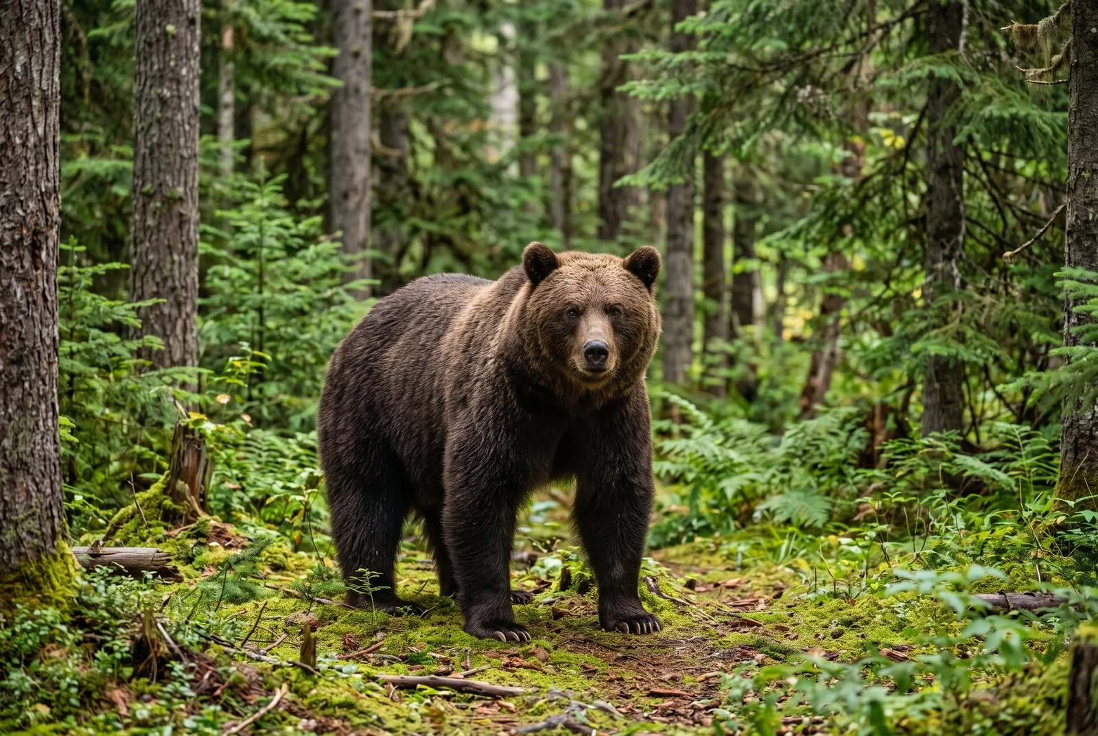 A large brown bear standing on a mossy path in a dense pine forest