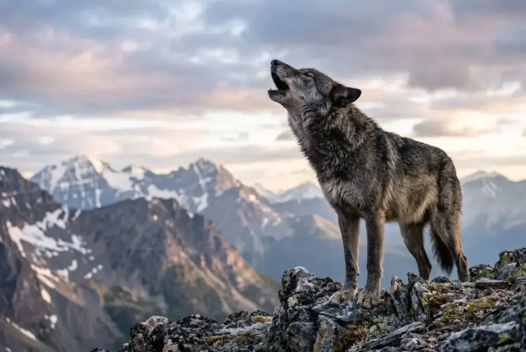 a wolf spirit animal owling on a mountain