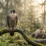 A majestic peregrine falcon perched outdoors alongside a quiet brown bear in a misty forest at dawn.