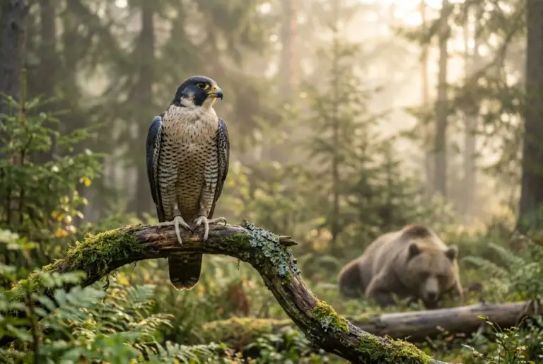 A majestic peregrine falcon perched outdoors alongside a quiet brown bear in a misty forest at dawn.
