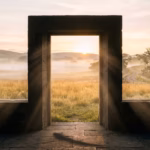 An open architectural door bathed in warm morning light representing the 111 angel number and new beginnings.