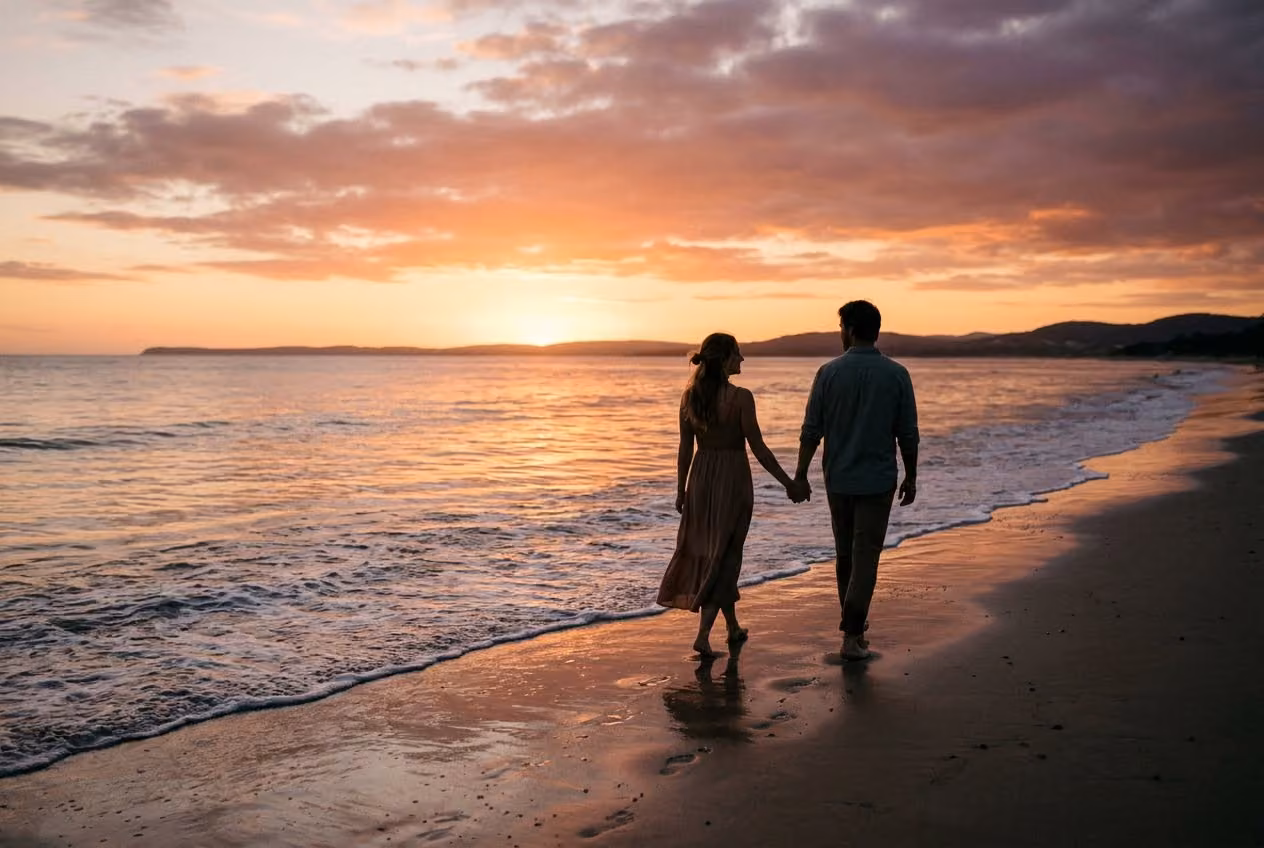 Two partners walking hand-in-hand along a calm coastline at sunset, illustrating partnership and harmony in 1212 angel number.