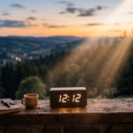 Digital clock displaying 12:12 during a golden hour sunset, symbolizing new beginnings and balance in angel number 1212.