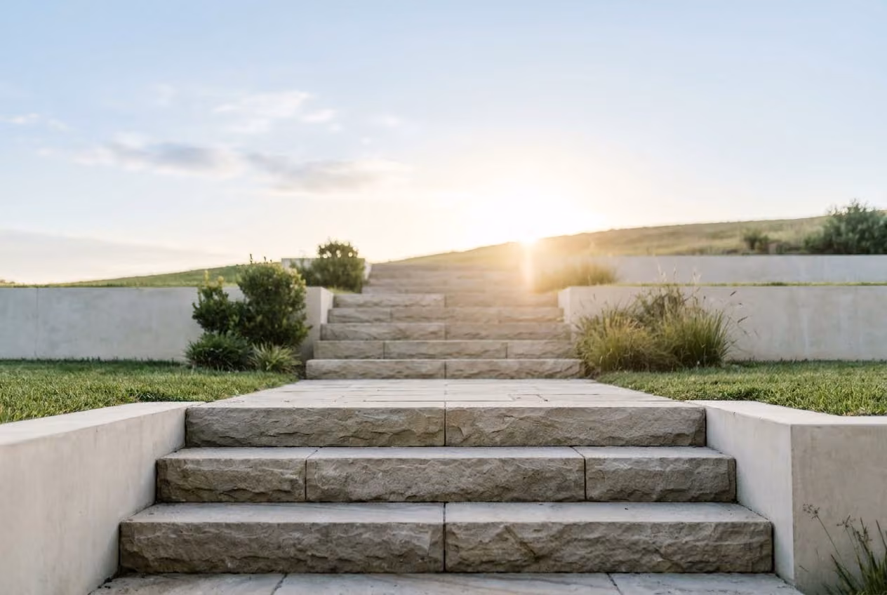 A minimalistic stone staircase leading upward toward warm morning light, symbolizing steady progress in career and manifestation.