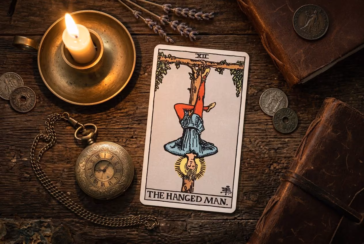 An artistic arrangement showing The Hanged Man tarot card alongside warm, glowing numbers representing numerology root 6.