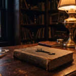 An old book and a brass key on a desk, evoking The Kybalion's 1908 Chicago origins.