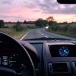 222 angel number on a car clock driving at dusk
