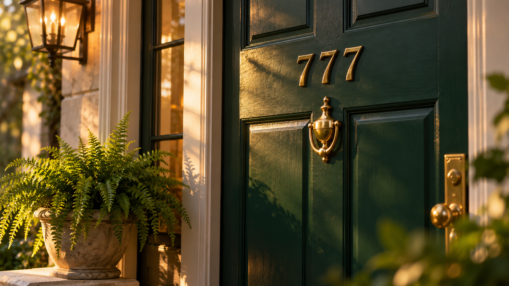 Dark green front door with brass door knocker and house number 777