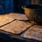 Ancient Greek manuscript pages and a bronze mixing bowl, evoking the Corpus Hermeticum.
