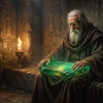 Legendary scene of Hermes holding the Emerald Tablet in a hidden chamber.