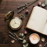 angel number meanings. Brass pocket watch and an open notebook on a wooden table.