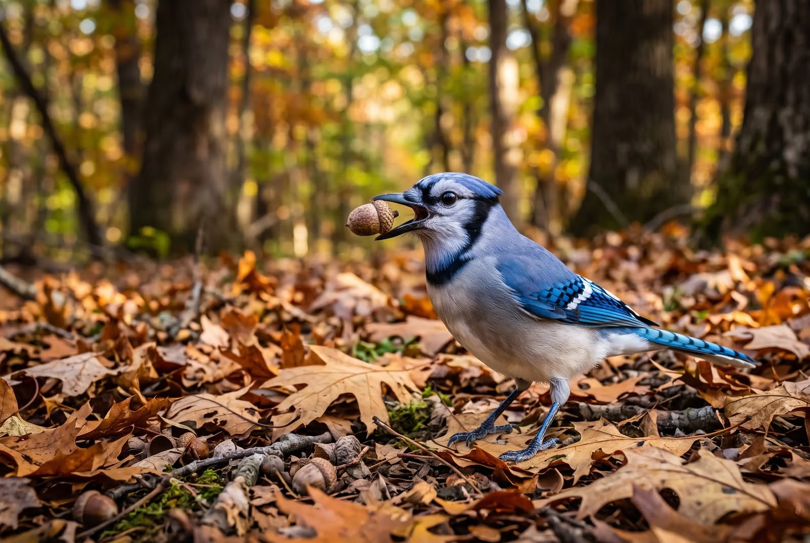 A blue jay holding an acorn in its beak on an autumn forest floor.