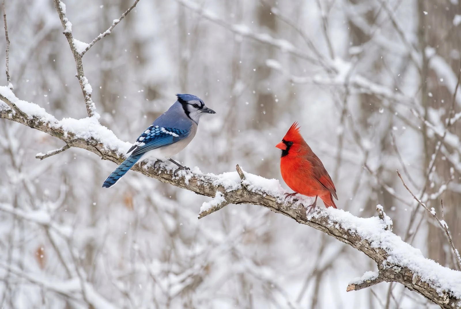 A blue jay and a red cardinal sharing a snowy branch in winter.