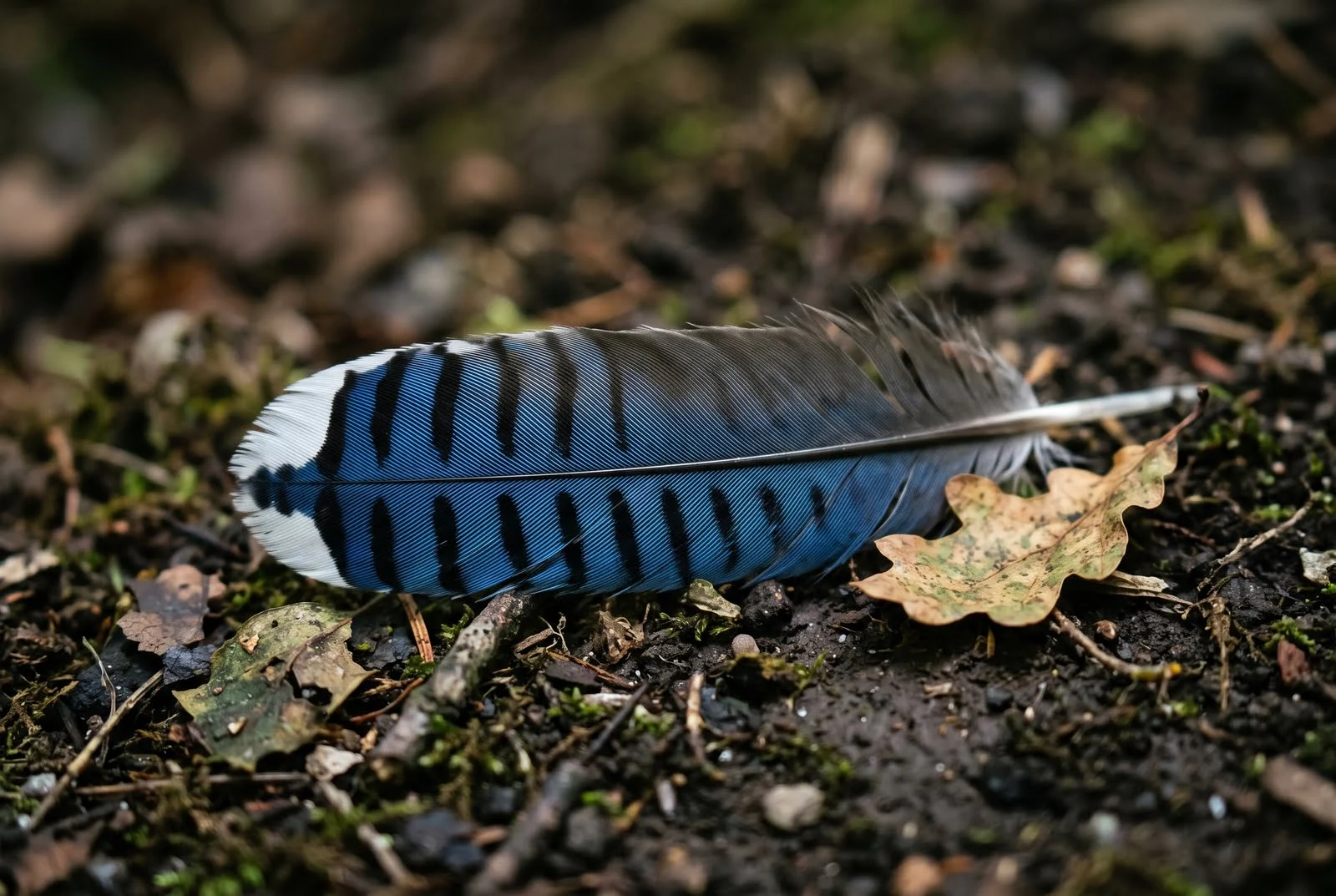 A blue jay feather on the forest floor, its blue bands created by light, not pigment.