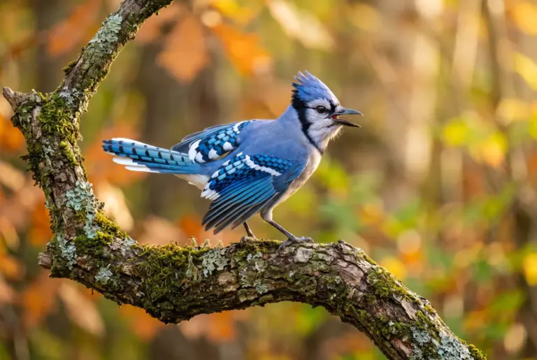 blue jay meaning: A blue jay with its crest raised, calling from an oak branch in golden autumn light.